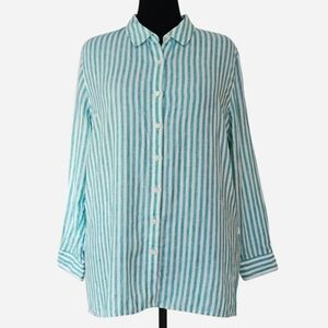 TOMMY BAHAMA Women's‎ Size L Light Green 100% Linen Striped Button-down Shirt